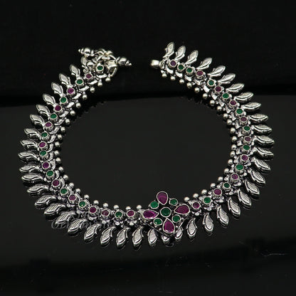 Handmade 10.5-inch sterling silver anklet with colorful stones, customized design, ideal for belly dance jewelry.