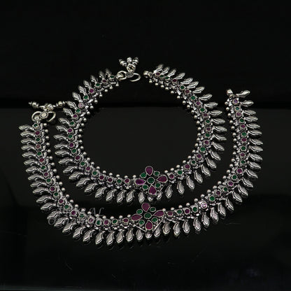 Handmade 10.5-inch sterling silver anklet with colorful stone, customized belly dance jewelry by Tribal Ornaments.