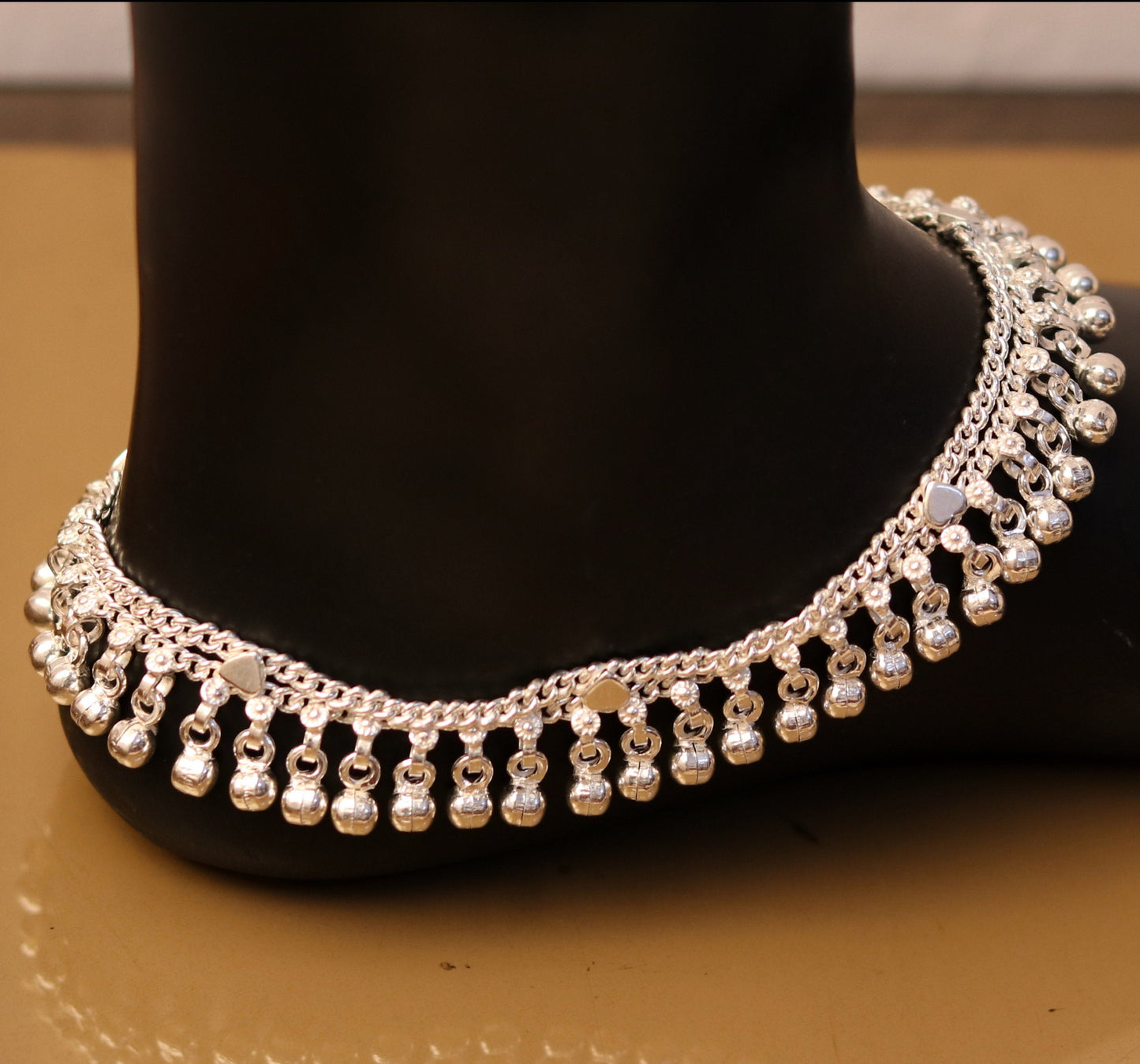 10.5" long handmade sterling silver gorgeous ankle bracelet, nice noisy hanging bells charm anklets for girls women's belly dance ank174 - TRIBAL ORNAMENTS