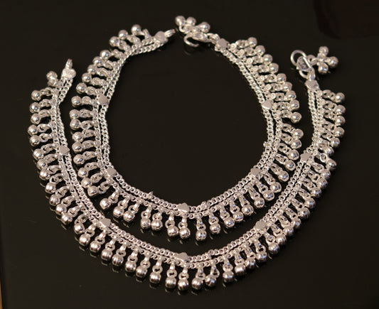 10.5" long handmade sterling silver gorgeous ankle bracelet, nice noisy hanging bells charm anklets for girls women's belly dance ank174 - TRIBAL ORNAMENTS