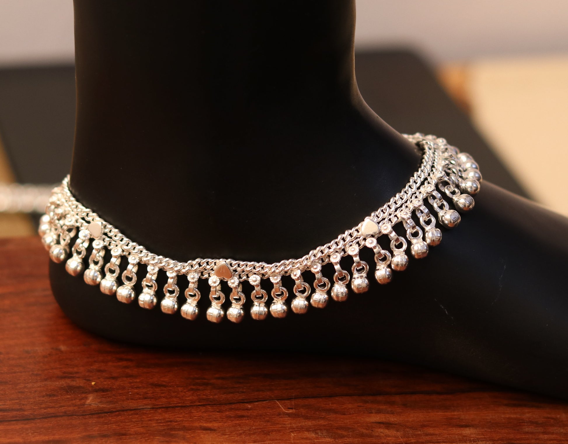 10.5" long handmade sterling silver gorgeous ankle bracelet, nice noisy hanging bells charm anklets for girls women's belly dance ank174 - TRIBAL ORNAMENTS