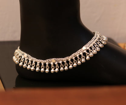 Sterling silver ankle bracelet with hanging bells charm, handmade tribal design for women and girls, perfect for belly dance accessories.