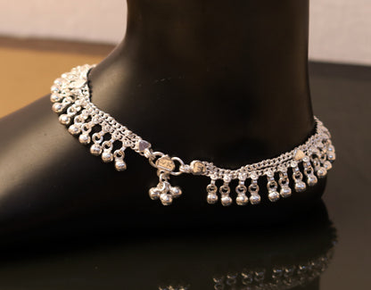 Handmade sterling silver ankle bracelet with hanging bells charm, 10.5 inches, perfect for girls and women’s belly dance jewelry.