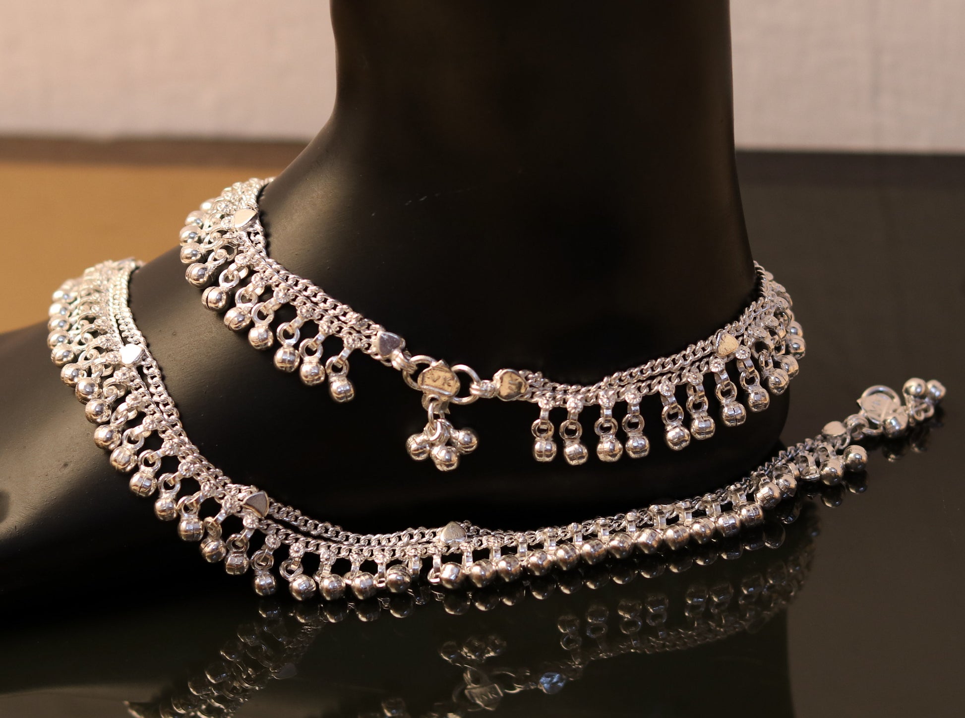 10.5" long handmade sterling silver gorgeous ankle bracelet, nice noisy hanging bells charm anklets for girls women's belly dance ank174 - TRIBAL ORNAMENTS