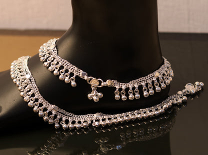 Handmade sterling silver ankle bracelet with hanging bells charm, 10.5 inches long, perfect for girls and women’s belly dance jewelry.
