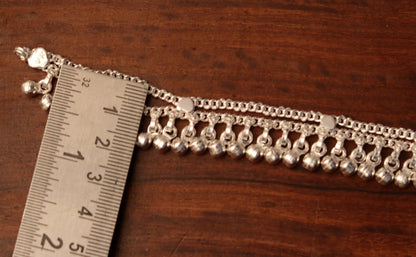 Handmade sterling silver ankle bracelet with hanging bells charm, 10.5 inches long, perfect for girls and women's belly dance jewelry.