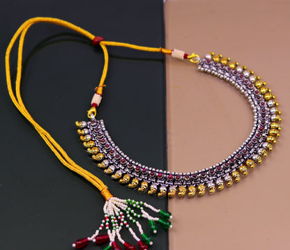 Sterling silver handmade dual-tone mango waved chain anklet by TRIBAL ORNAMENTS, versatile tribal jewelry for ankles or necklaces.