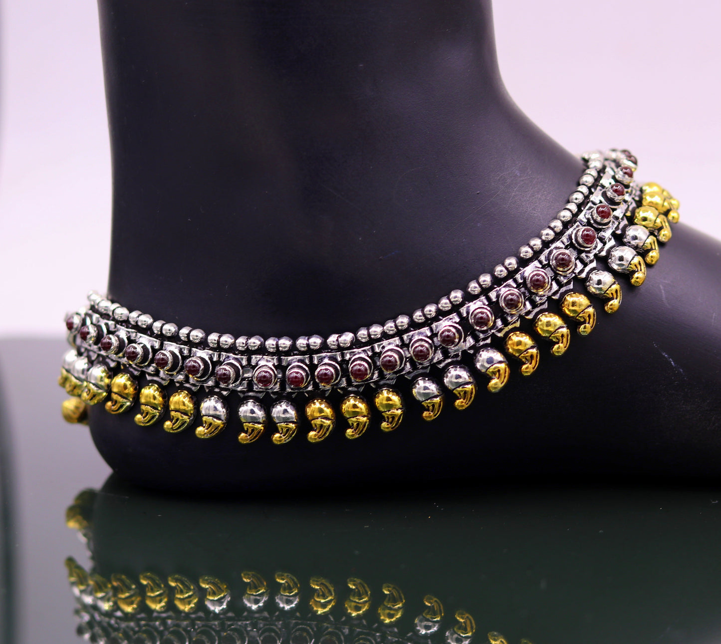 Sterling silver handmade dual-tone mango waved chain anklet from Tribal Ornaments, versatile tribal jewelry for ankles or necklaces.