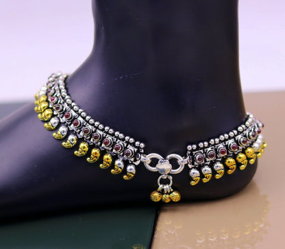 925 sterling silver handmade dual-tone mango waved chain anklet, versatile tribal jewelry suitable as an ankle bracelet or necklace.