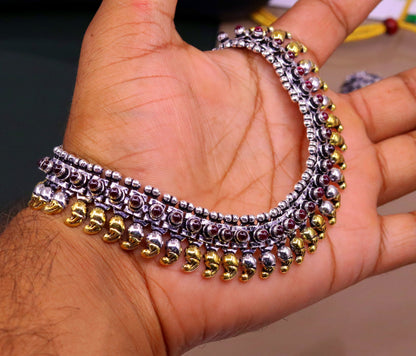 Sterling silver handmade dual-tone mango waved chain anklet from TRIBAL ORNAMENTS, versatile tribal jewelry suitable as an anklet or necklace.