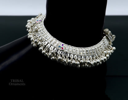 Heavy sterling silver anklet with jingling bells, tribal foot bracelet, perfect for belly dance and tribal jewelry styles.