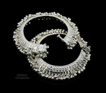 Sterling silver anklet with jingling bells, tribal foot bracelet, ideal for belly dance, featuring heavy solid silver craftsmanship.