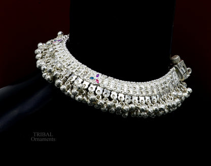 Sterling silver anklet with jingling bells, tribal design, heavy solid foot jewelry, perfect for belly dance and tribal jewelry styles.