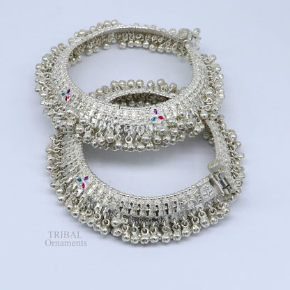 Sterling silver anklet with jingling bells, tribal foot bracelet, perfect for belly dance, featuring heavy, solid silver design.