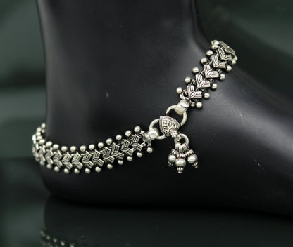 Sterling silver Indian traditional anklet with intricate tribal design, trendy foot jewelry for women, chunky and stylish.