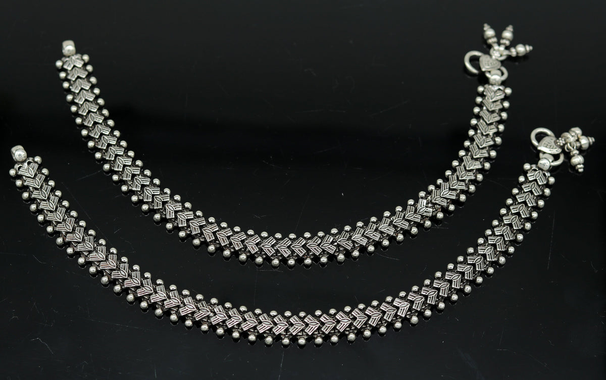 Sterling silver Indian traditional anklet for women featuring chunky design, intricate tribal patterns, perfect as a cultural foot bracelet.