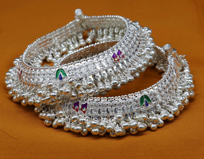 Vintage handmade solid silver anklet with tribal design, foot charm, perfect for belly dance or tribal jewelry from India.