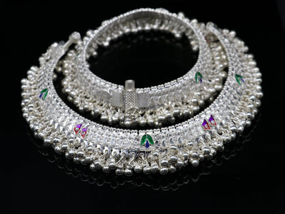Handmade vintage solid silver anklet with tribal design, heavy foot charm bracelet, perfect for belly dance tribal jewelry from India.