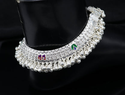 Vintage handmade solid silver anklet with tribal design, heavy foot charm bracelet, ideal for belly dance jewelry from India.
