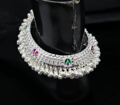 Vintage handmade solid silver anklet featuring tribal design, heavy foot charm, perfect for belly dance or tribal jewelry styles.