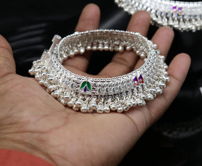 Vintage handmade solid silver anklet with tribal design, foot charm, perfect for belly dance or tribal jewelry from India.