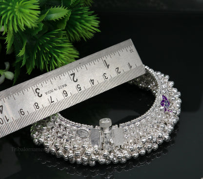 Handmade vintage solid silver anklet with tribal design and foot charm, perfect for belly dance and tribal brides from India.