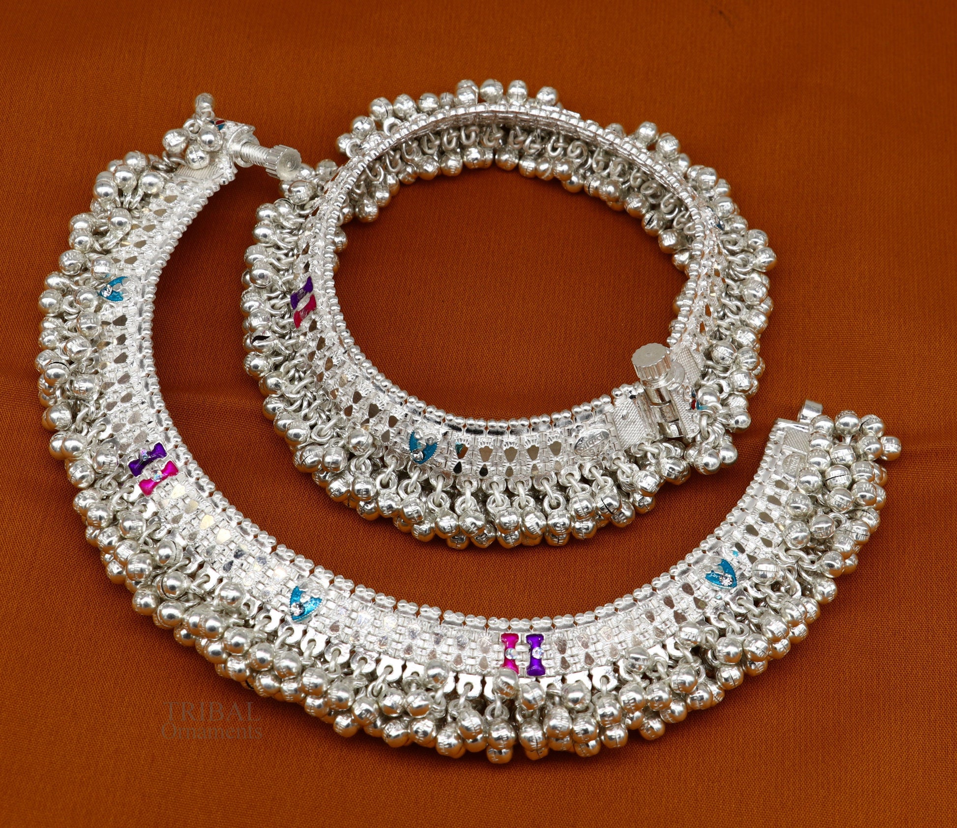 Wonderful noisy jingling bells heavy solid silver anklet, excellent foot charm bracelet, amazing belly dance tribal jewelry india ank456 - TRIBAL ORNAMENTS