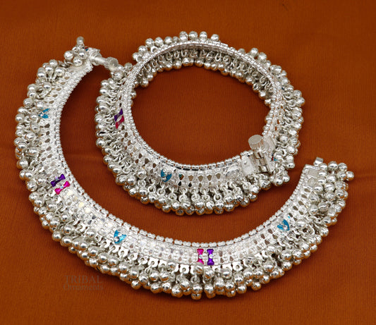 Wonderful noisy jingling bells heavy solid silver anklet, excellent foot charm bracelet, amazing belly dance tribal jewelry india ank456 - TRIBAL ORNAMENTS