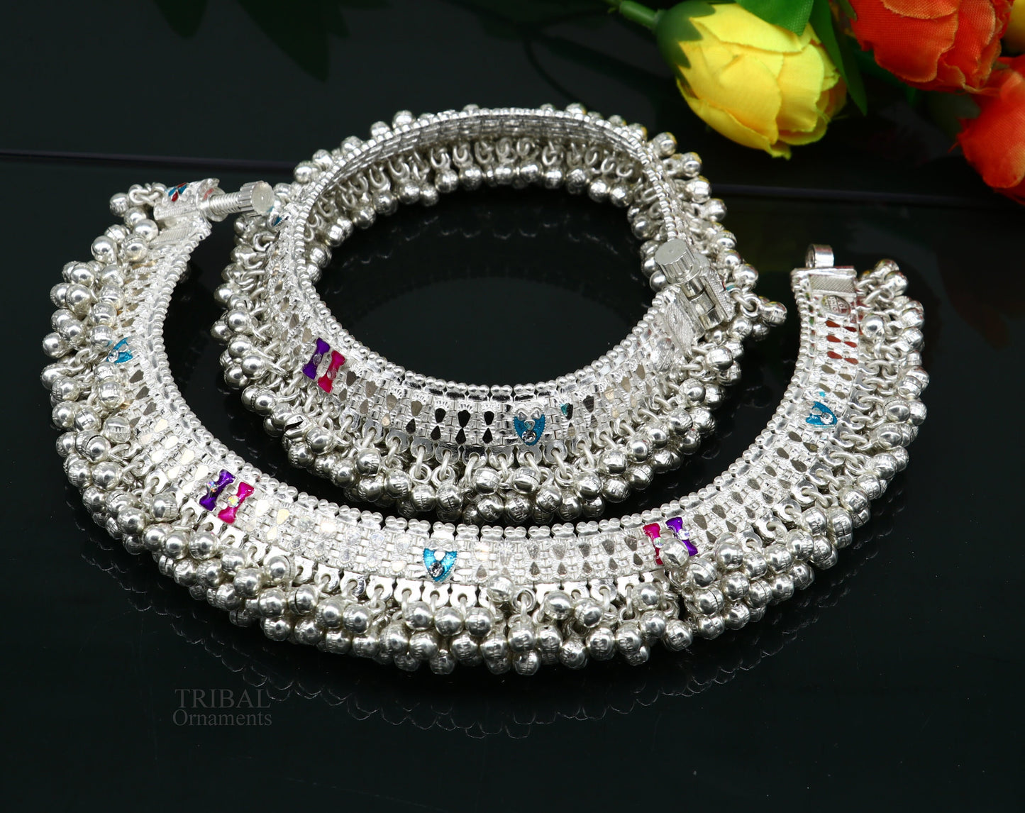 Wonderful noisy jingling bells heavy solid silver anklet, excellent foot charm bracelet, amazing belly dance tribal jewelry india ank456 - TRIBAL ORNAMENTS