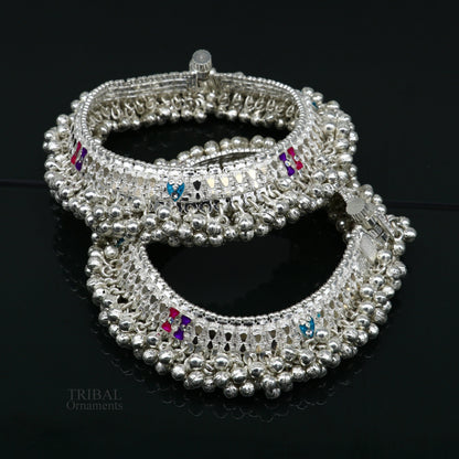 Solid silver anklet with noisy jingling bells, tribal foot charm bracelet, perfect for belly dance tribal jewelry from India.