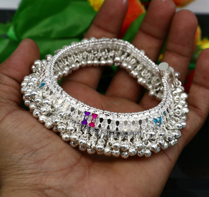 Heavy solid silver anklet with jingling bells, tribal foot charm bracelet, ideal for belly dance and tribal jewelry styles.