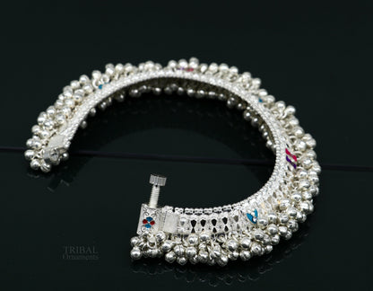 Solid silver anklet with jingling bells, tribal foot charm bracelet, ideal for belly dance and tribal jewelry styles.