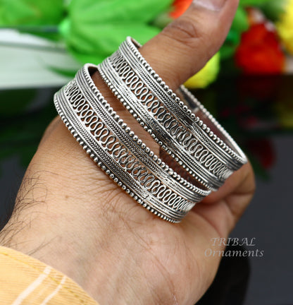 Sterling silver handmade vintage tribal bangle bracelet with intricate filigree design, ideal for brides and ethnic jewelry gifting.