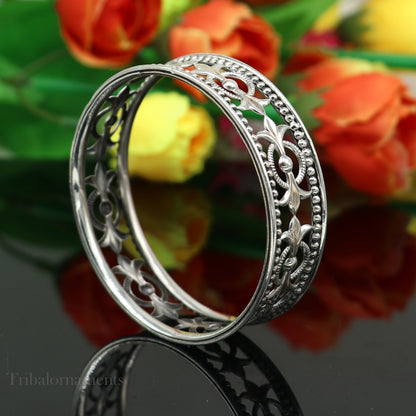 Sterling silver bangle bracelet with waved tiny ball design, customized tribal ornament ethnic jewelry for brides.