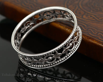 Sterling silver bangle bracelet with waved tiny ball design, custom ethnic jewelry by Tribal Ornaments for brides and special occasions.