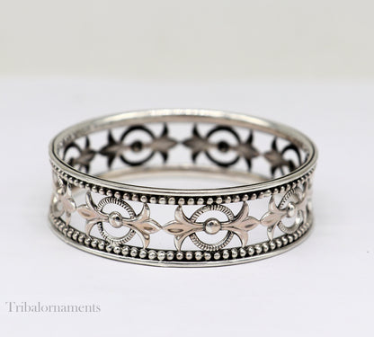 Sterling silver Tribal Ornaments bangle bracelet with waved tiny ball design, customizable ethnic jewelry for brides and special occasions.