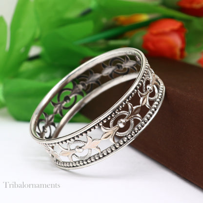 Sterling silver tribal bangle bracelet with waved tiny ball design, customizable ethnic jewelry perfect for brides and special gifts.