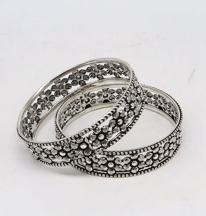 925 sterling silver wide floral bangle bracelet by TRIBAL ORNAMENTS, featuring intricate floral design and ethnic style perfect for brides.