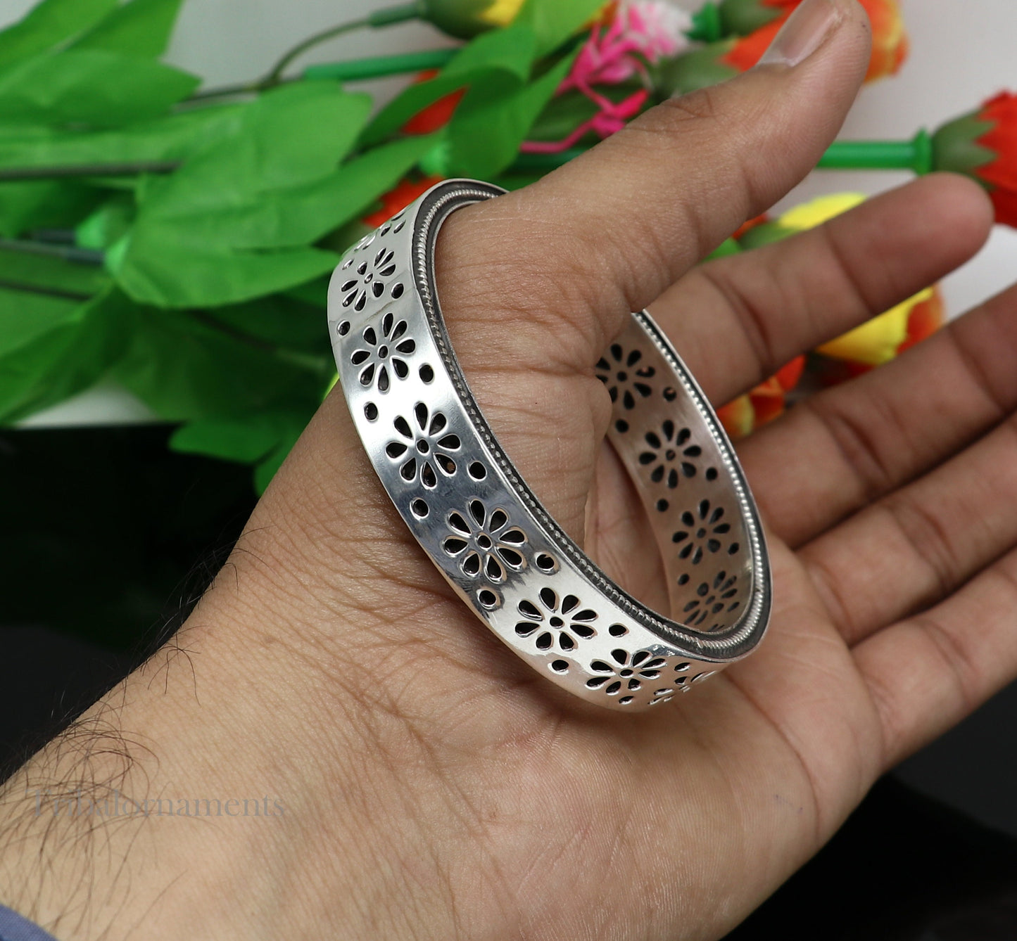 Exclusive 925 sterling silver handmade floral bangle bracelet, vintage design stylish brides bangle wide elegant bangle jewelry ba116 - TRIBAL ORNAMENTS