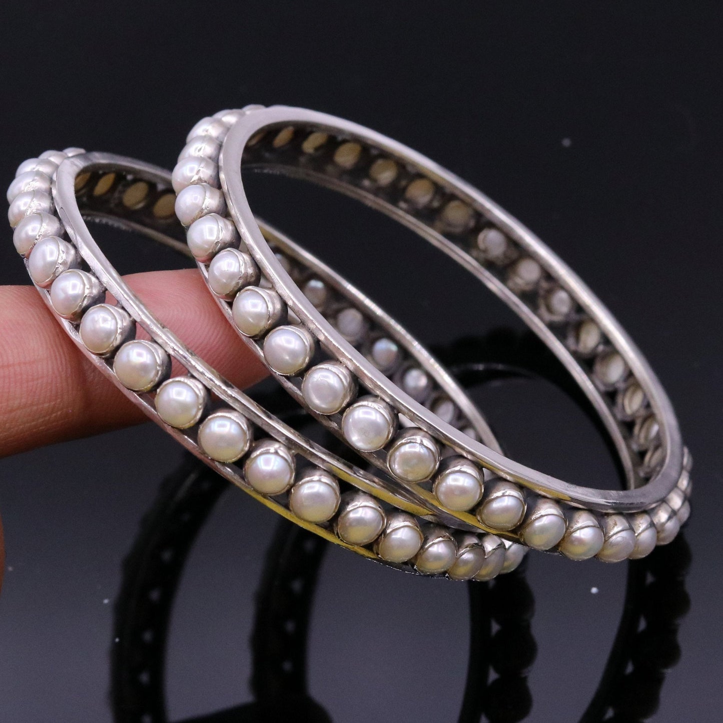 Sterling silver pearl bangle bracelet with oxidized finish, handcrafted bridal jewelry from Tribal Ornaments, elegant single bangle design
