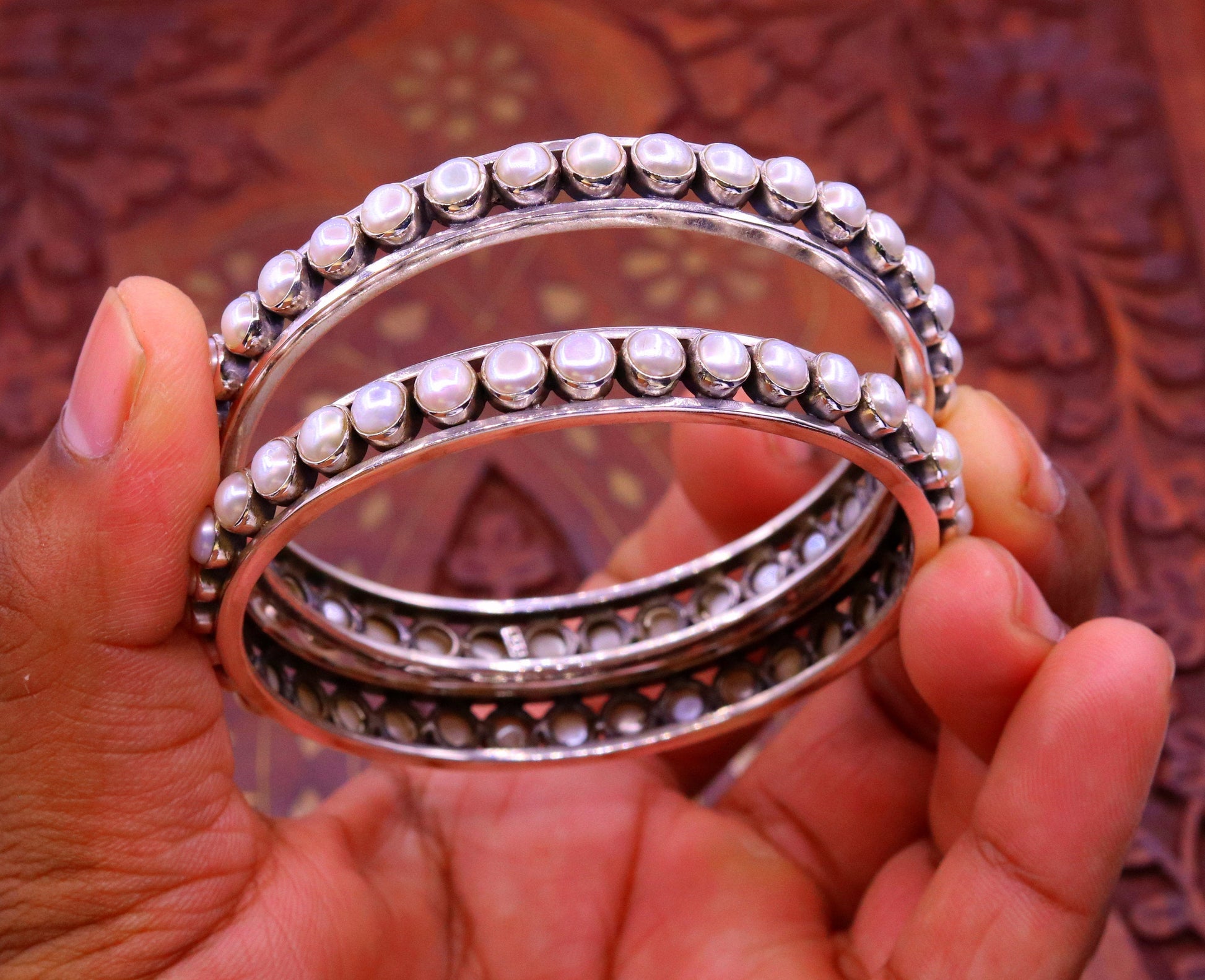925 sterling silver pearl bangle bracelet with oxidized finish, designed for bridal or gifting occasions, crafted by TRIBAL ORNAMENTS