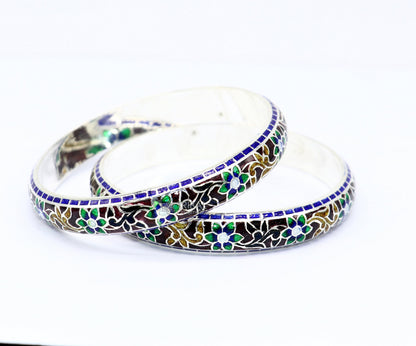 Sterling silver Meenakari bangle bracelet with floral enamel design, tribal trendy jewelry from India by Tribal Ornaments