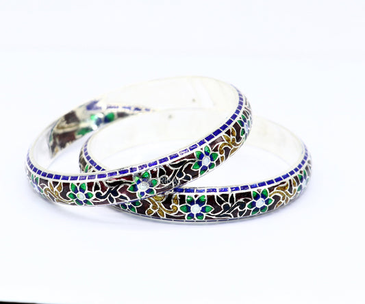 925 Sterling silver handmade amazing meenakari (color enamel )bangle bracelet floral design Cultral trendy style jewelry from india nba358 - TRIBAL ORNAMENTS