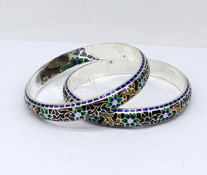 Sterling silver Meenakari floral bangle bracelet with colorful enamel, handmade Indian tribal jewelry by Tribal Ornaments.