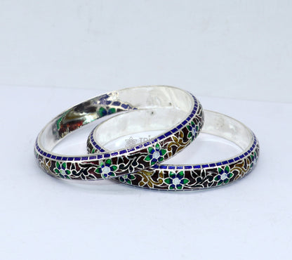 925 Sterling silver Meenakari floral bangle bracelet by TRIBAL ORNAMENTS, featuring colorful enamel and intricate handmade design.