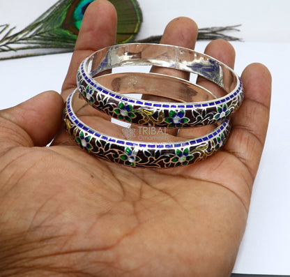 925 Sterling silver Meenakari floral bangle bracelet by Tribal Ornaments, featuring colorful enamel and traditional Indian jewelry design.