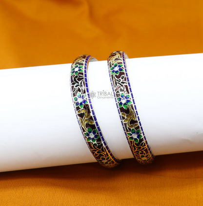Sterling silver Meenakari floral bangle bracelet with colorful enamel from Tribal Ornaments, traditional Indian jewelry style.