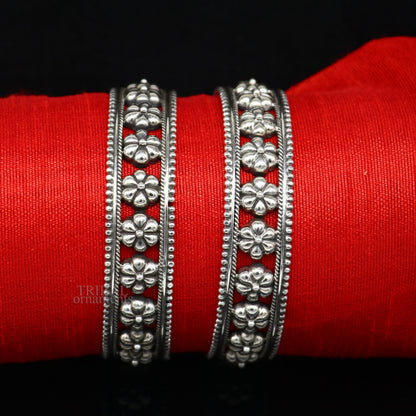 Sterling silver vintage floral bangle bracelet with tribal ethnic design, handcrafted by TRIBAL ORNAMENTS.