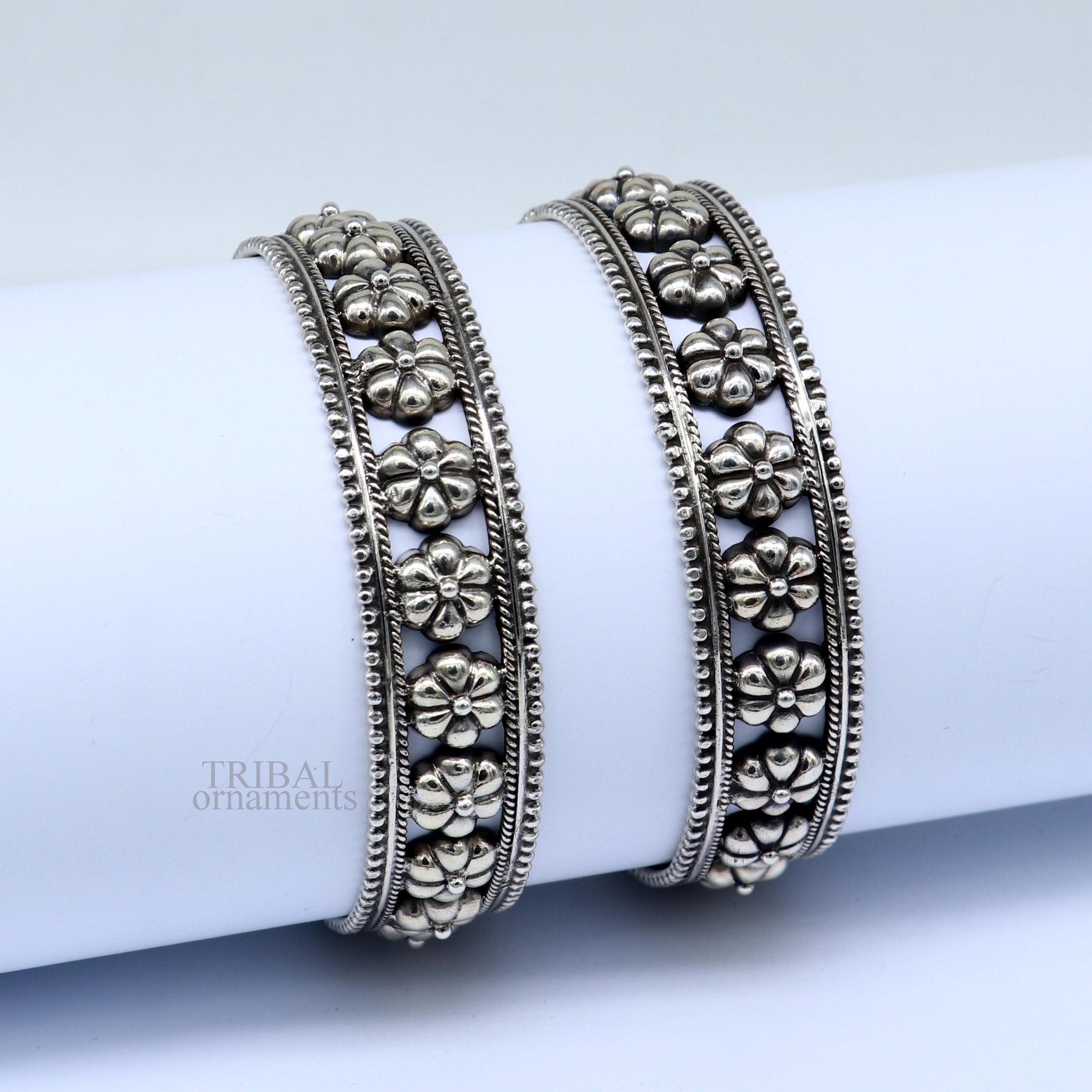 925 sterling silver Vintage floral design bangle bracelet tribal