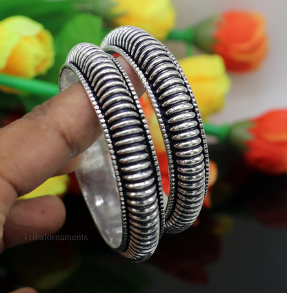 Sterling silver handmade Indian traditional bangle bracelet with vintage tribal design, stylish bridal jewelry by TRIBAL ORNAMENTS.